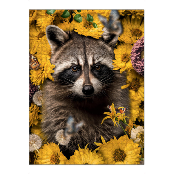 Puzzle Ravensburger "Blumenwaschbär" artboxONE - Natur,Floral,Tiere - Waschbär,Waschbären,Tier,Blumen,Botanisch,Sonnenblume - Bild waschbär