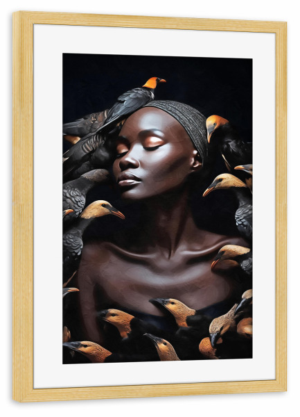Poster mit Rahmen kiefer "Blumenfrau mit schwarzen Vögeln" artboxONE - Natur,Abstrakt,Menschen