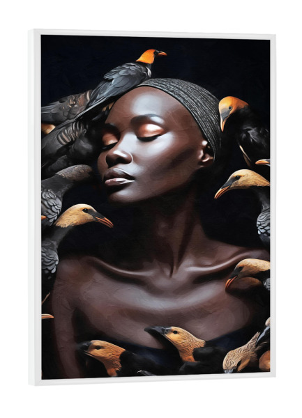 Poster mit weißem Rahmen "Blumenfrau mit schwarzen Vögeln" artboxONE - Natur,Abstrakt,Menschen