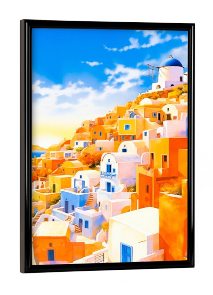 Poster mit schwarzem Rahmen "Sommerurlaub auf Santorini" artboxONE - Städte,Natur,Reise,Architektur