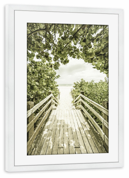 Poster mit Rahmen weiß "Brücke zum Strand | Vintage" artboxONE - Natur,Reise / Strand und Meer,Reise / Länder