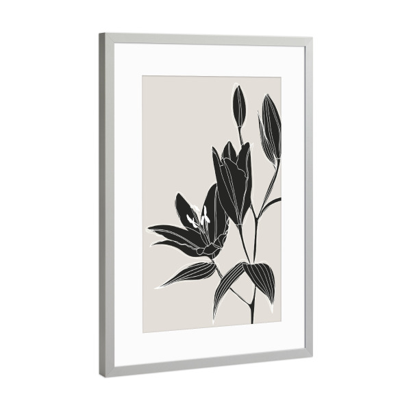 Poster mit Rahmen Silber "Line-Art-Lilien in Schwarz" artboxONE - Natur,Floral