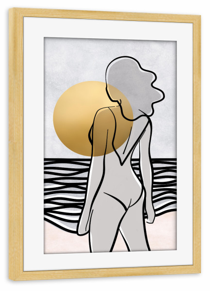 Poster mit Rahmen kiefer "Maika und das Meer" artboxONE - Abstrakt,Menschen,Geometrie - Boho,Strand,Frau,Sonne,Abstrakt,Strichzeichnungen,Bohemian