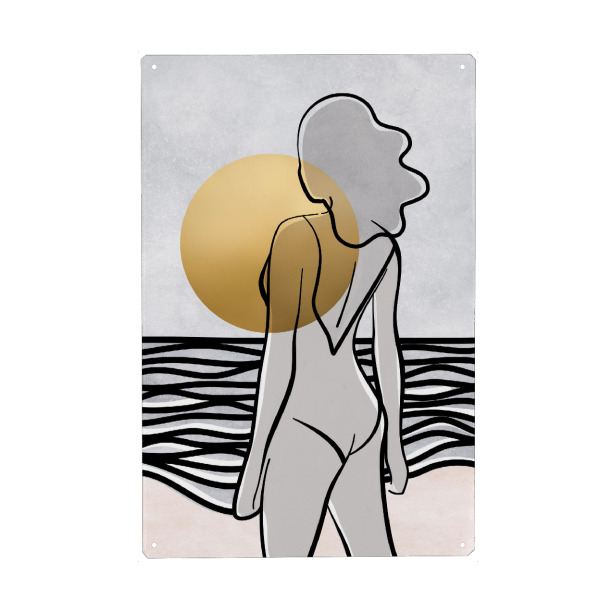 Holzbild "Maika und das Meer" artboxONE - Abstrakt,Menschen,Geometrie - Boho,Strand,Frau,Sonne,Abstrakt,Strichzeichnungen,Bohemian