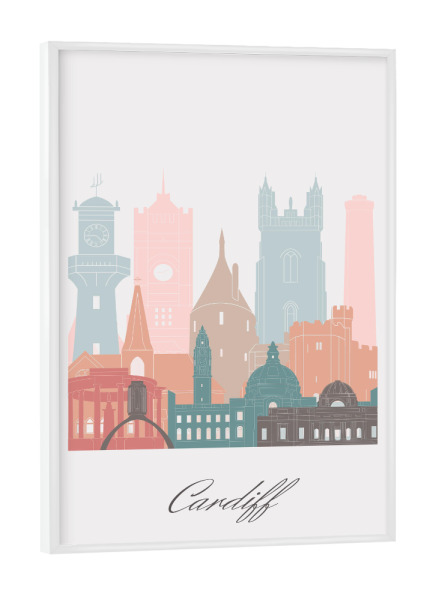 Poster mit weißem Rahmen "Skyline von Cardiff im Pastellstil" artboxONE - Städte,Reise,Architektur,Kartografie