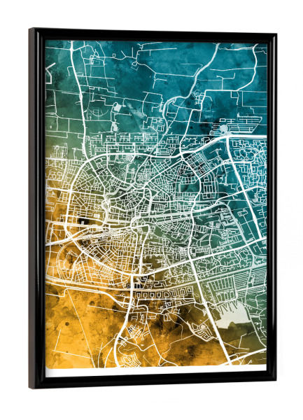 Poster mit schwarzem Rahmen "Leeuwarden-Karte Blaugrün" artboxONE - Städte - Leeuwarden,Niederlande,Stadtkarte,Karte,Stadtplan,Aquarell,Malerei