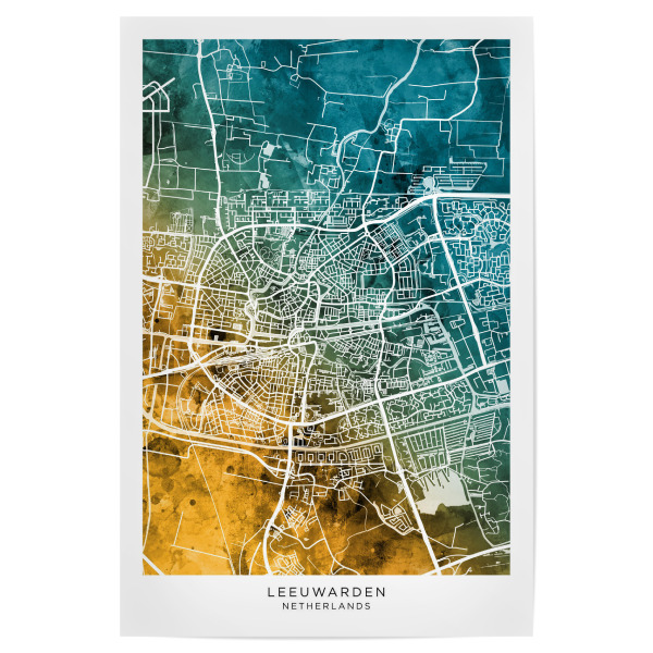 Poster "Leeuwarden-Karte Blaugrün" artboxONE - Städte - Leeuwarden,Niederlande,Stadtkarte,Karte,Stadtplan,Aquarell,Malerei