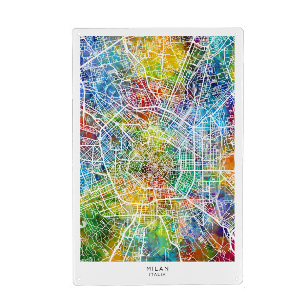 Holzbild "Mailand Italien Stadtplan Farbe" artboxONE - Städte - Mailand,Italien,Stadtkarte,Karte,Stadtplan,Aquarell,Malerei