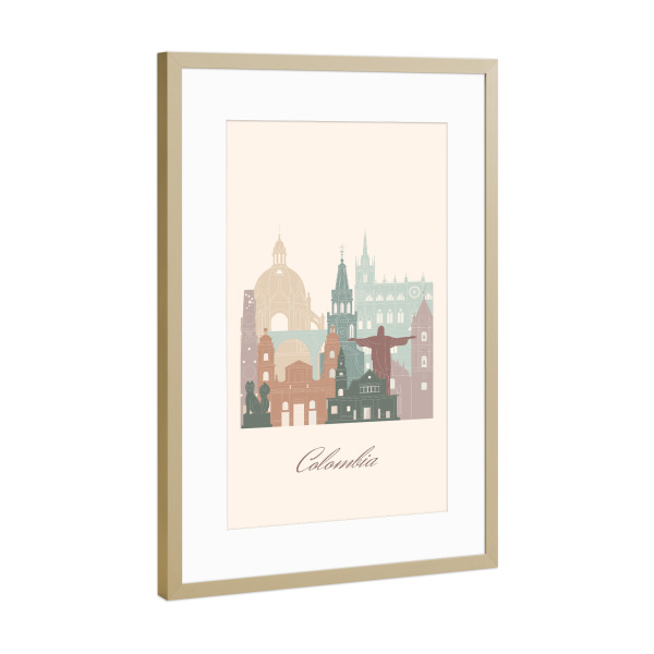 Poster mit Rahmen Gold "Kolumbien-Skyline" artboxONE - Städte,Reise,Architektur,Kartografie