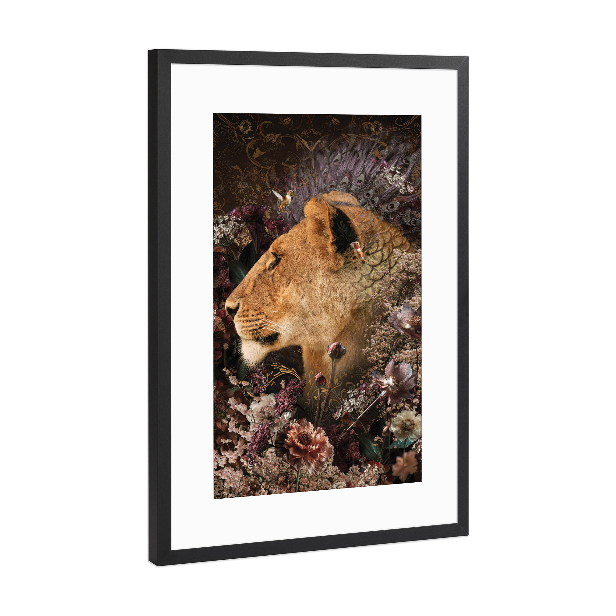 Poster mit Rahmen Schwarz (Metallic) "Löwin Duett Diptychon" artboxONE - Natur,Floral,Tiere - Löwin,Blumen,Blume,Botanisch,Diptychon,Tier