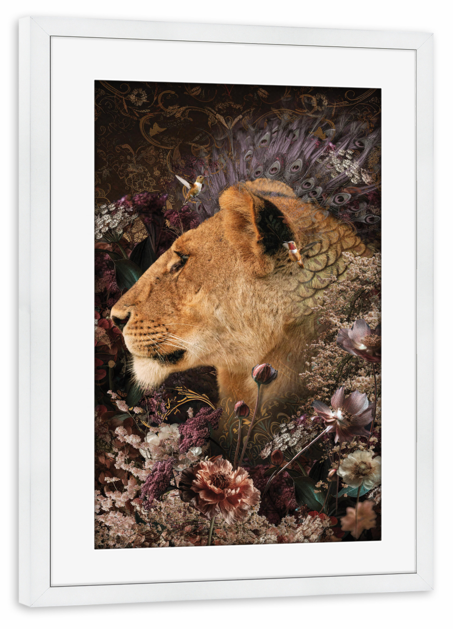 Poster mit Rahmen weiß "Löwin Duett Diptychon" artboxONE - Natur,Floral,Tiere - Löwin,Blumen,Blume,Botanisch,Diptychon,Tier