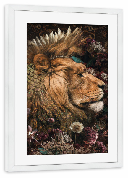 Poster mit Rahmen weiß "Löwenduett-Diptychon" artboxONE - Natur,Floral,Tiere - Löwe,Große katze,Mähnen,Diptychon,Blumen,Botanisch,Tier