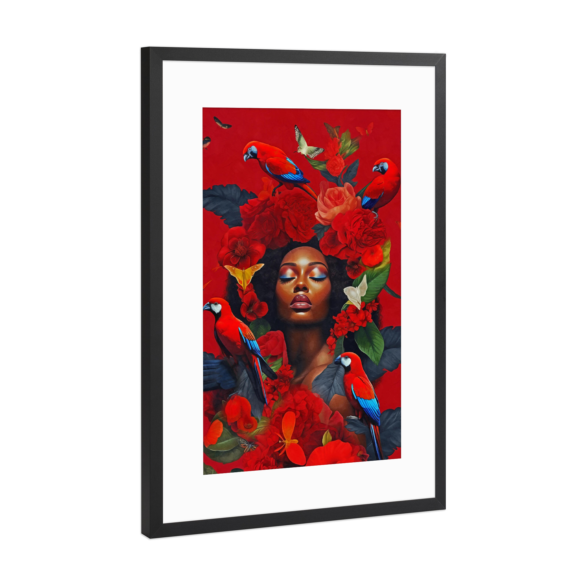 Poster mit Rahmen Schwarz (Metallic) "Blumenfrau mit Aras rot" artboxONE - Natur,Abstrakt,Menschen