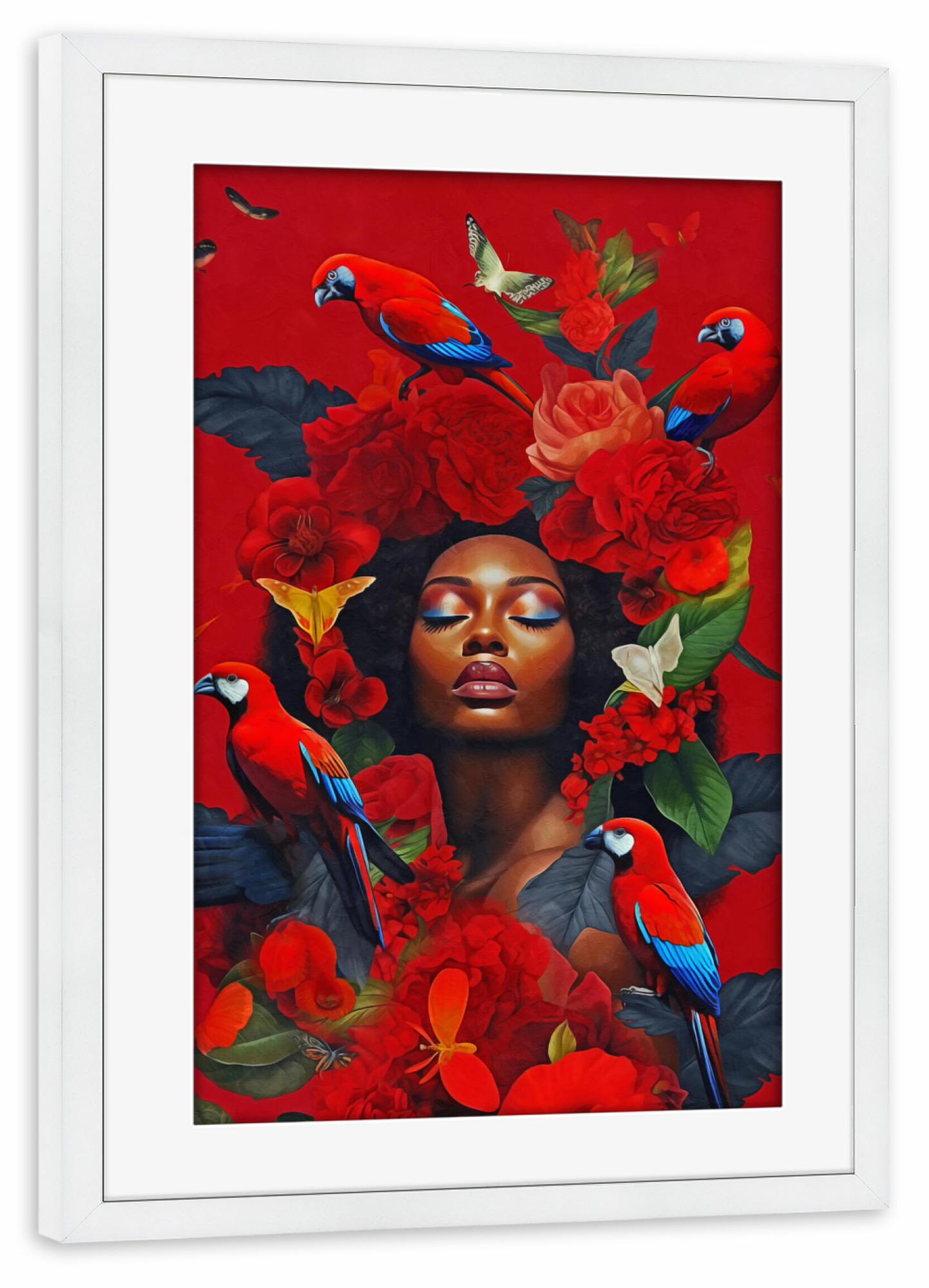 Poster mit Rahmen weiß "Blumenfrau mit Aras rot" artboxONE - Natur,Abstrakt,Menschen