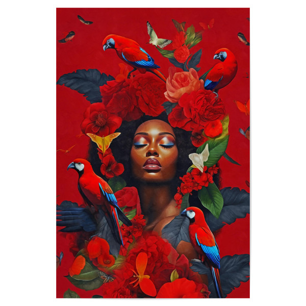 Poster 30x20 cm "Blumenfrau mit Aras rot" artboxONE - Natur,Abstrakt,Menschen