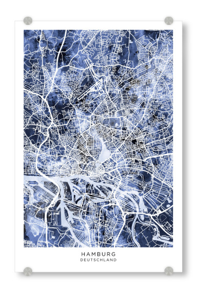 Acrylglasbild "Hamburg Stadtplan BlauSchwarz" artboxONE - Städte - Hamburg,Deutschland,Stadtkarte,Karte,Stadtplan,Aquarell,Malerei