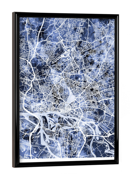 Poster mit schwarzem Rahmen "Hamburg Stadtplan BlauSchwarz" artboxONE - Städte - Hamburg,Deutschland,Stadtkarte,Karte,Stadtplan,Aquarell,Malerei