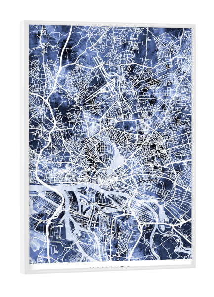Poster mit weißem Rahmen "Hamburg Stadtplan BlauSchwarz" artboxONE - Städte - Hamburg,Deutschland,Stadtkarte,Karte,Stadtplan,Aquarell,Malerei