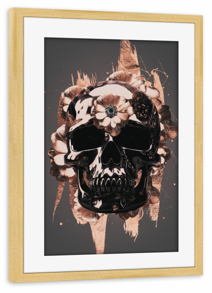 Poster mit Rahmen kiefer "Schwarzer Schädel" artboxONE - Floral,Abstrakt,Menschen - Roségold,Totenkopf,Blumen,Blumen,Totenköpfe