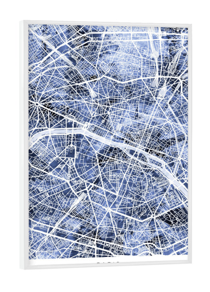 Poster mit weißem Rahmen "Paris Frankreich Stadtplan blau" artboxONE - Städte - Paris,Frankreich,Stadtkarte,Karte,Stadtplan,Aquarell,Malerei