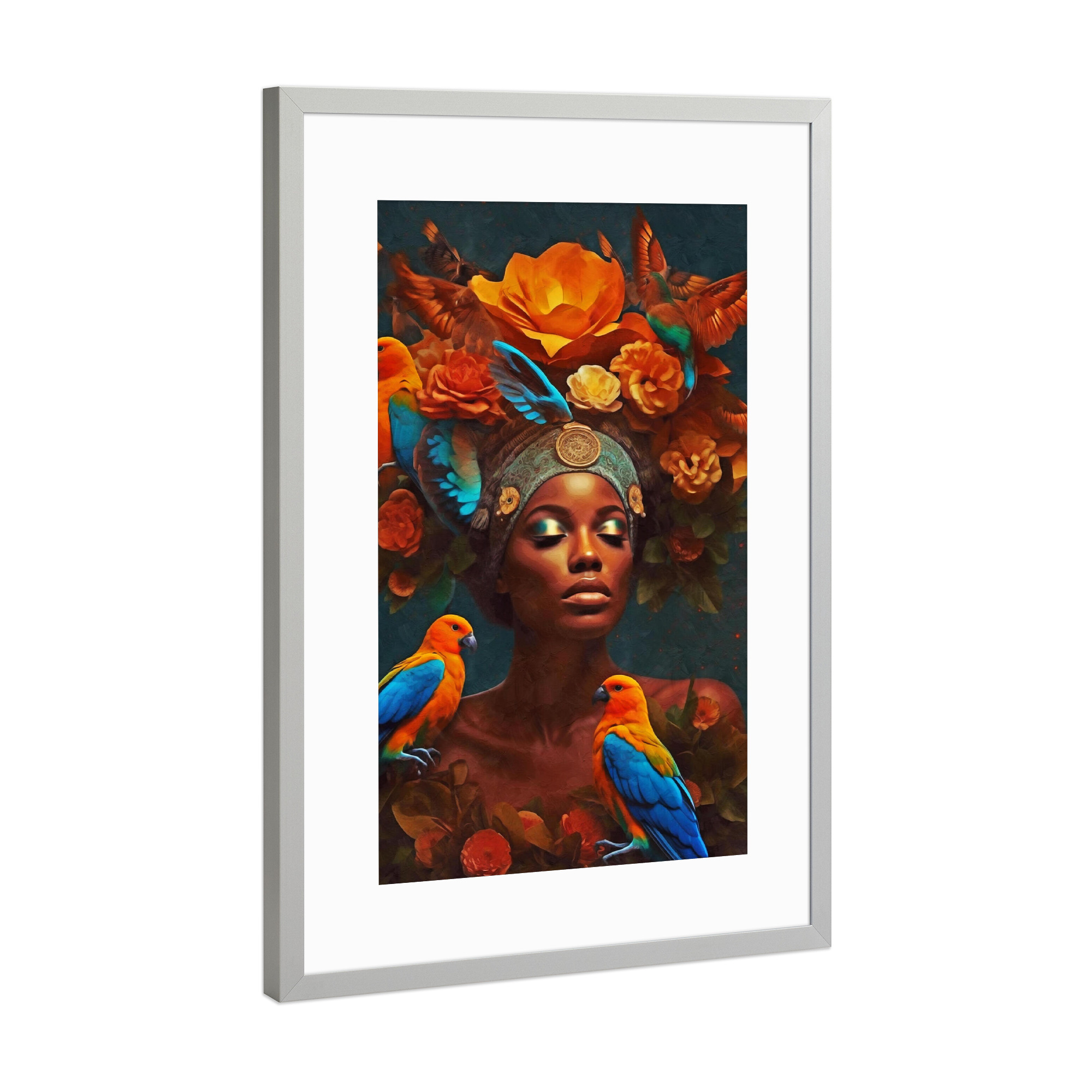 Poster mit Rahmen Silber "Blumenfrau mit Orange" artboxONE - Natur,Abstrakt,Menschen - Frau,Blumen,Blumen,Großes puzzle,Figurativ