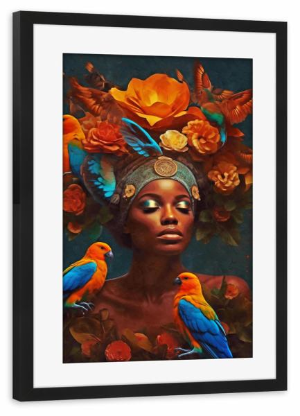 Poster mit Rahmen schwarz "Blumenfrau mit Orange" artboxONE - Natur,Abstrakt,Menschen - Frau,Blumen,Blumen,Großes puzzle,Figurativ