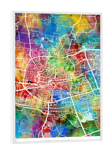 Poster mit weißem Rahmen "Leeuwarden Skyline Farbe" artboxONE - Städte - Leeuwarden,Niederlande,Stadtkarte,Karte,Stadtplan,Aquarell,Malerei