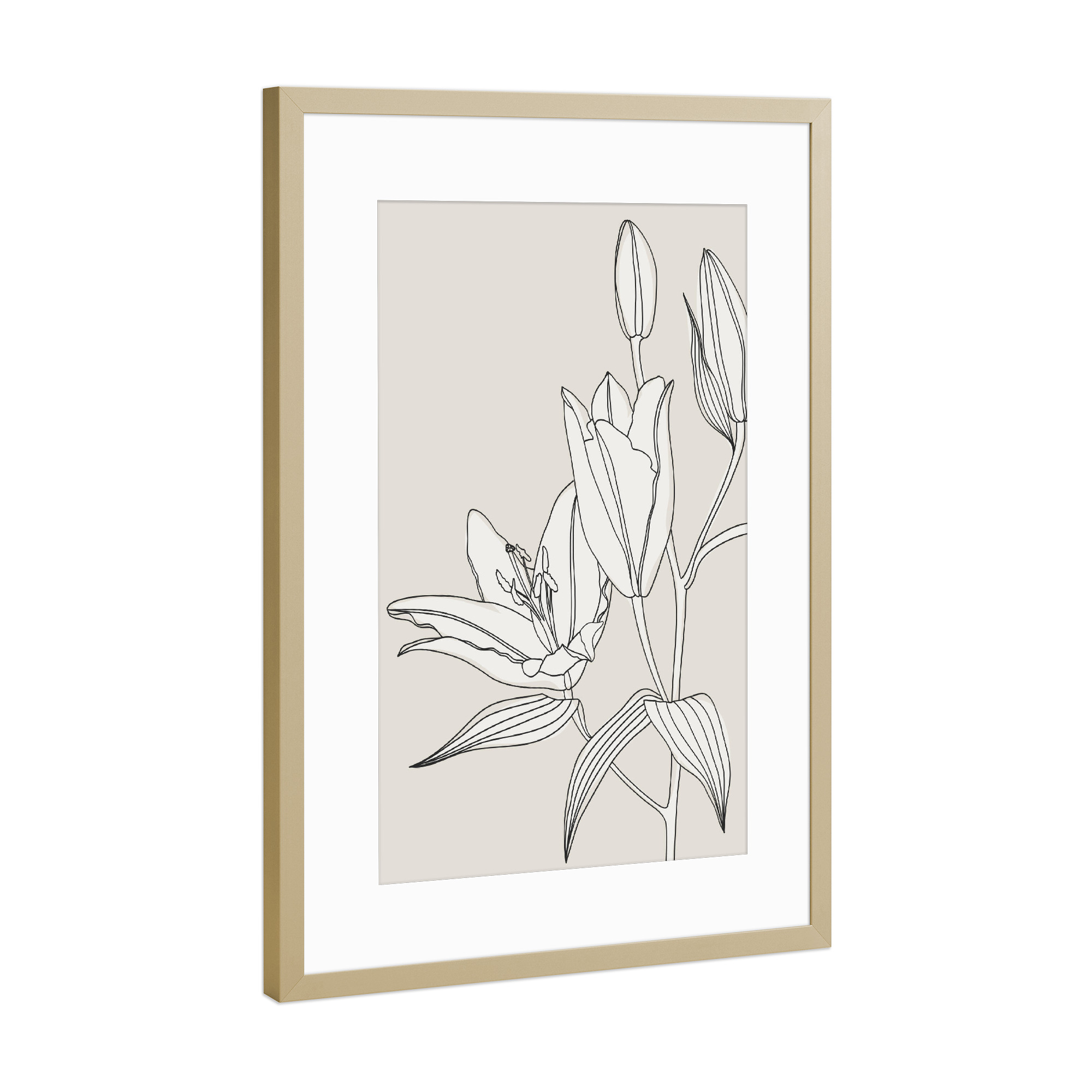 Poster mit Rahmen Gold "Line-Art-Lilien in Beige" artboxONE - Floral