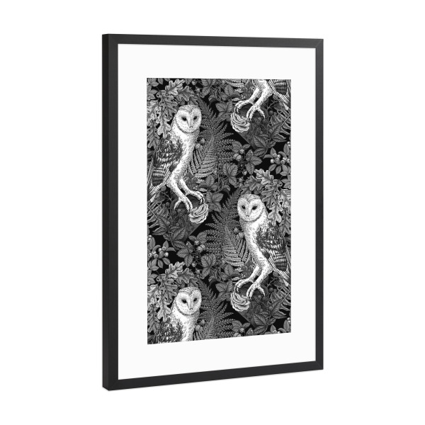 Poster mit Rahmen Schwarz (Metallic) "Eulen, monochrom" artboxONE - Natur,Schwarzweiß