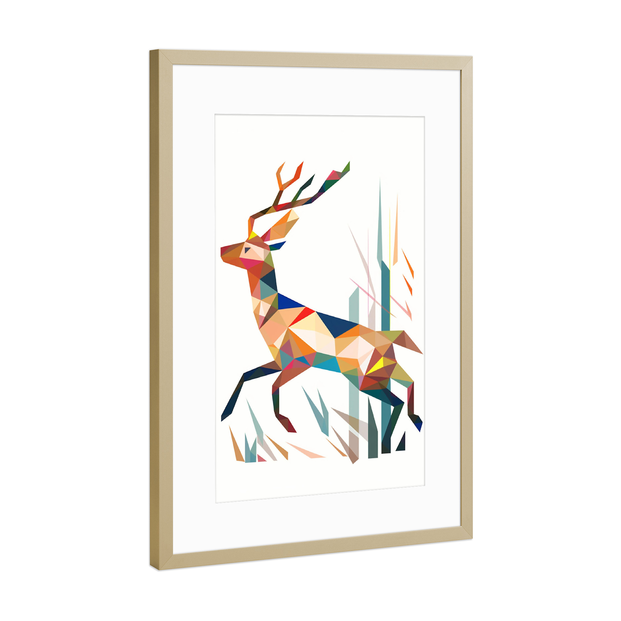 Poster mit Rahmen Gold "Bunter Polygon Hirsch" artboxONE - Natur,Tiere,Abstrakt