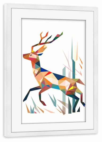Poster mit Rahmen weiß "Bunter Polygon Hirsch" artboxONE - Natur,Tiere,Abstrakt