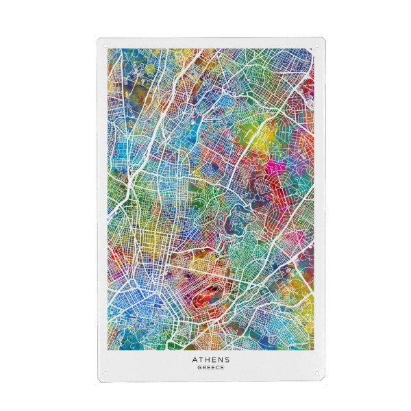 Holzbild "Athen, Griechenland, Stadtplan" artboxONE - Städte - Athen,Griechenland,Stadtkarte,Karte,Stadtplan,Aquarell,Malerei