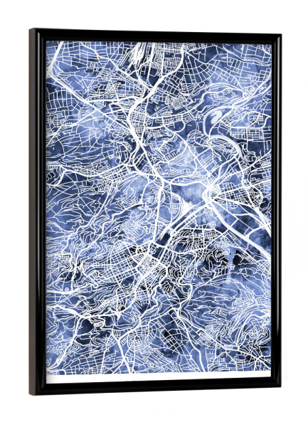 Poster mit schwarzem Rahmen "Stuttgart Stadtplan Blau" artboxONE - Städte - Stuttgart,Deutschland,Stadtkarte,Karte,Stadtplan,Aquarell,Malerei
