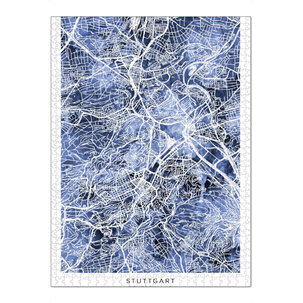 Puzzle Ravensburger "Stuttgart Stadtplan Blau" artboxONE - Städte - Stuttgart,Deutschland,Stadtkarte,Karte,Stadtplan,Aquarell,Malerei