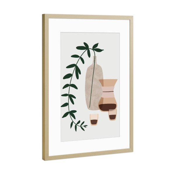 Poster mit Rahmen Gold "Boho-Kaffee für ein Paar" artboxONE - Abstrakt - Stillleben,Lebensstil,Kaffee,Vase,Grün,Kaffeetasse