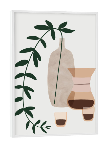 Poster mit weißem Rahmen "Boho-Kaffee für ein Paar" artboxONE - Abstrakt - Stillleben,Lebensstil,Kaffee,Vase,Grün,Kaffeetasse