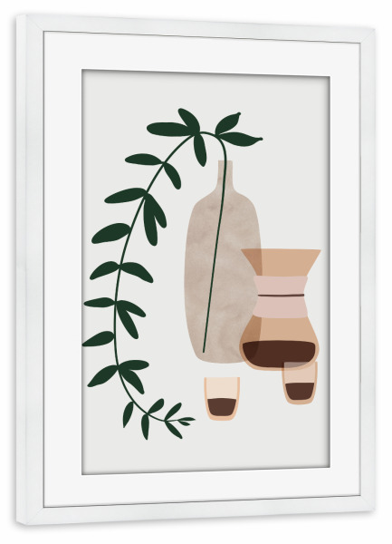 Poster mit Rahmen weiß "Boho-Kaffee für ein Paar" artboxONE - Abstrakt - Stillleben,Lebensstil,Kaffee,Vase,Grün,Kaffeetasse