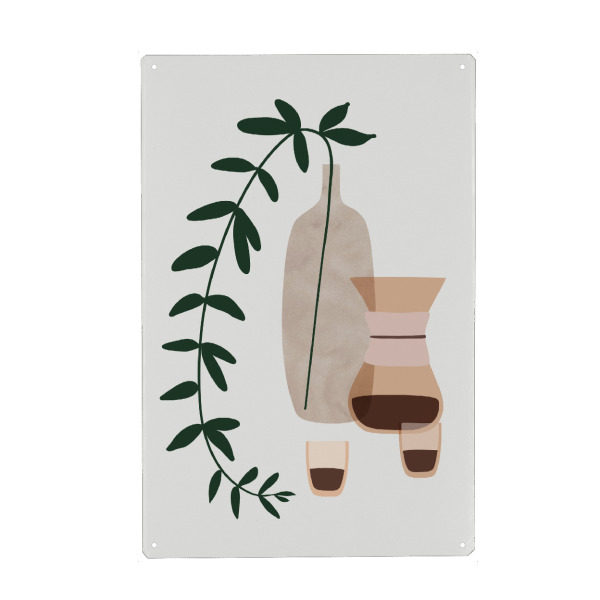 Metall Poster "Boho-Kaffee für ein Paar" artboxONE - Abstrakt - Stillleben,Lebensstil,Kaffee,Vase,Grün,Kaffeetasse - Blechschild