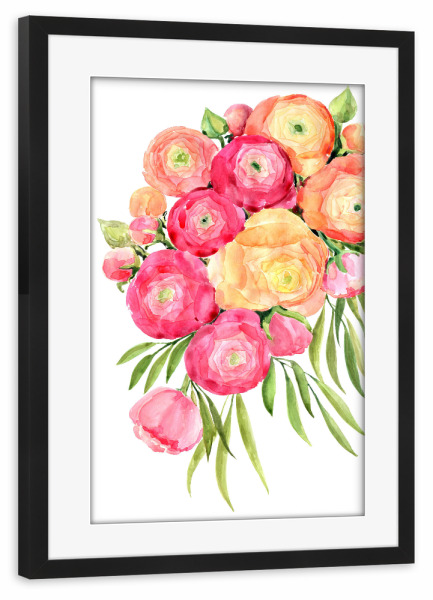 Poster mit Rahmen schwarz "Sanyai-Ranunkeln" artboxONE - Floral - Rosa blumen,Aquarell,Aquarellblumen,Orange,Rosa,Ranunkeln,Blumenstrauß,Blumenstrauß