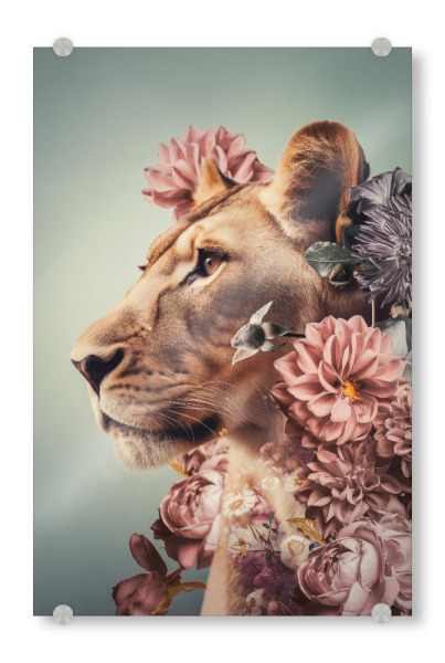 Acrylglasbild "Löwin Liebe Diptychon" artboxONE - Floral,Tiere - Löwin,Blumen,Diptychon,Großkatze,Löwe,Botanische,Tier,Afrika