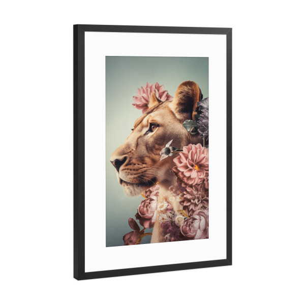 Poster mit Rahmen Schwarz (Metallic) "Löwin Liebe Diptychon" artboxONE - Floral,Tiere - Löwin,Blumen,Diptychon,Großkatze,Löwe,Botanische,Tier,Afrika