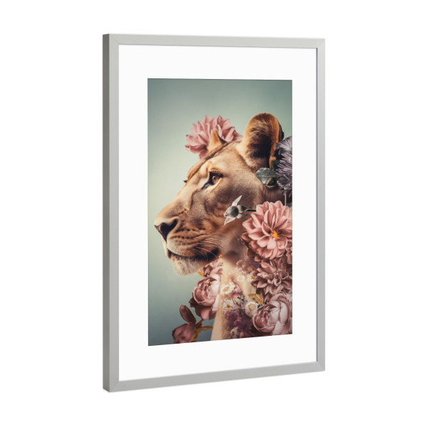 Poster mit Rahmen Silber "Löwin Liebe Diptychon" artboxONE - Floral,Tiere - Löwin,Blumen,Diptychon,Großkatze,Löwe,Botanische,Tier,Afrika