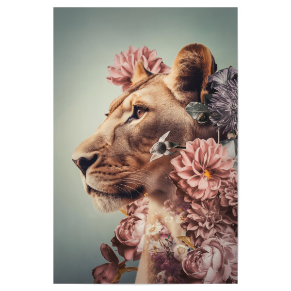 Poster 30x20 cm "Löwin Liebe Diptychon" artboxONE - Floral,Tiere - Löwin,Blumen,Diptychon,Großkatze,Löwe,Botanische,Tier,Afrika