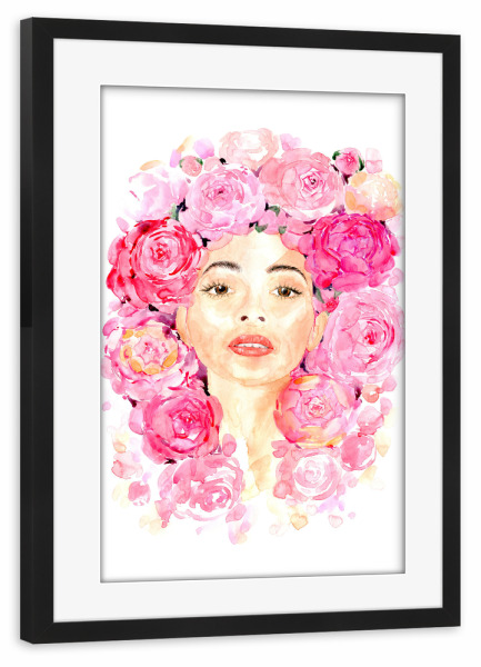 Poster mit Rahmen schwarz "Lesley" artboxONE - Floral,Menschen - Gesicht,Frau,Blumen,Blumenkrone,Rosa blumen,Aquarell