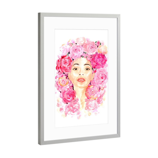 Poster mit Rahmen Silber "Lesley" artboxONE - Floral,Menschen - Gesicht,Frau,Blumen,Blumenkrone,Rosa blumen,Aquarell