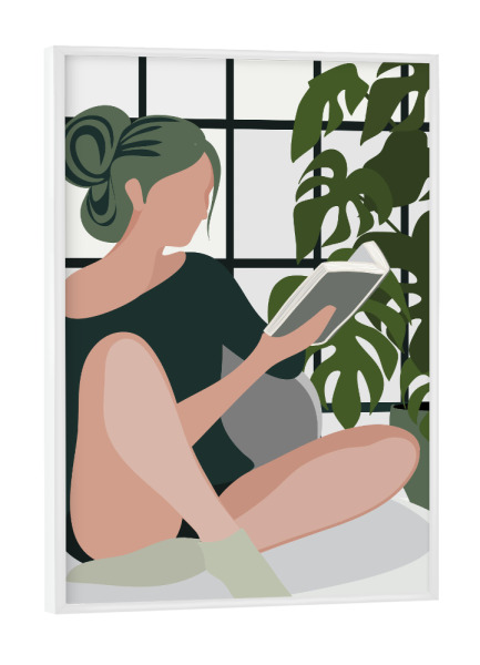 Poster mit weißem Rahmen "Bücherwurm zu Hause" artboxONE - Menschen - Bücherwurm,Mädchen,Lesen,Buch,Zuhause,Monstera,Boho,Trendy,Frau