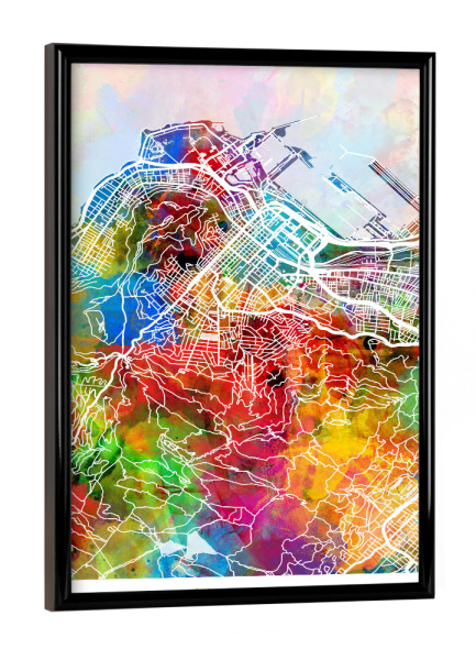 Poster mit schwarzem Rahmen "Farbe der Skyline von Kapstadt" artboxONE - Städte - Kapstadt,Südafrika,Stadtkarte,Karte,Stadtplan,Aquarell,Malerei