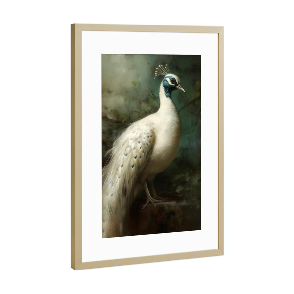 Poster mit Rahmen Gold "Weißer Vintage Pfau" artboxONE - Natur,Floral,Tiere