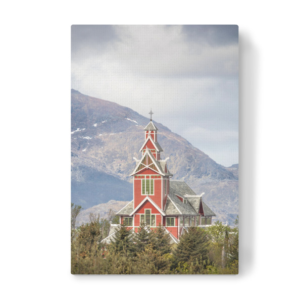 Leinwandbild "Rote Holzkirche Norwegen" artboxONE - Reise,Architektur - Buksnes,Gravdal,Lofoten,Skandinavien,Drachenkirche,Drachenstil,Kirche