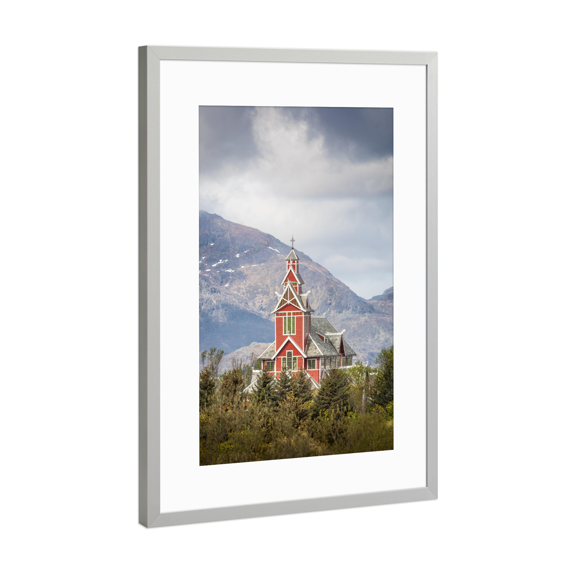 Poster mit Rahmen Silber "Rote Holzkirche Norwegen" artboxONE - Reise,Architektur